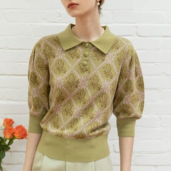 Simple Retro Sweaters - Simple Retro Green Collared Sweater Wool Blend Floral ASO The Recruit Hannah